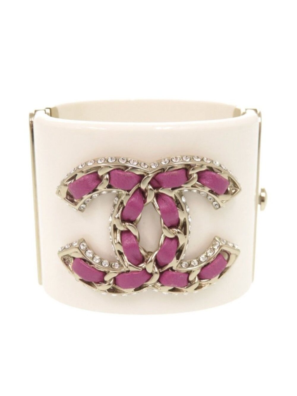 Chanel CC Logo Plastic Metal Rhinestone White Bangle Bracelet